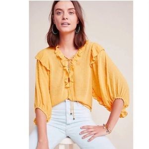 ANTHROPOLOGIE Swiss Dot Ruffle Wide Sleeve Lace Up Blouse L